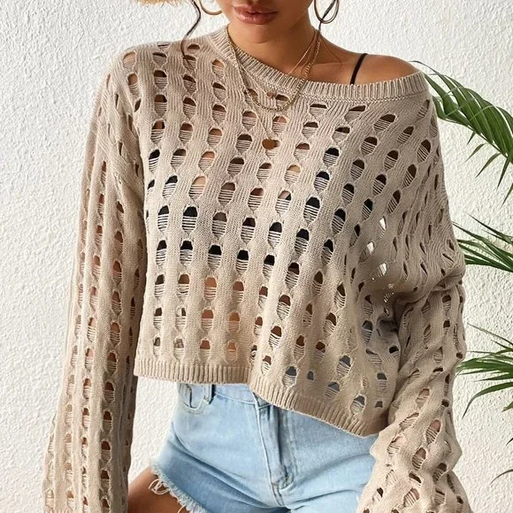 Khaki Boho Womens Hollow Out Drop Shoulder Cover Up - Picture 1 of 5